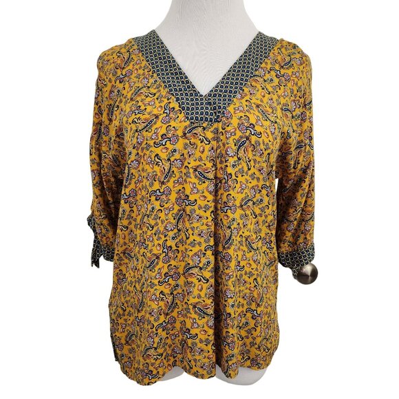 Promod Top Women's Size 6 Blouse Paisley Print V-Neck Three Quarter Sleeve Shirt - Picture 1 of 9